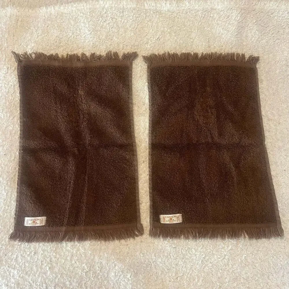 VTG Cannon Brown Fingertip Guest Towels Set of 2 Gold Lace Floral Fringe 11 X 18